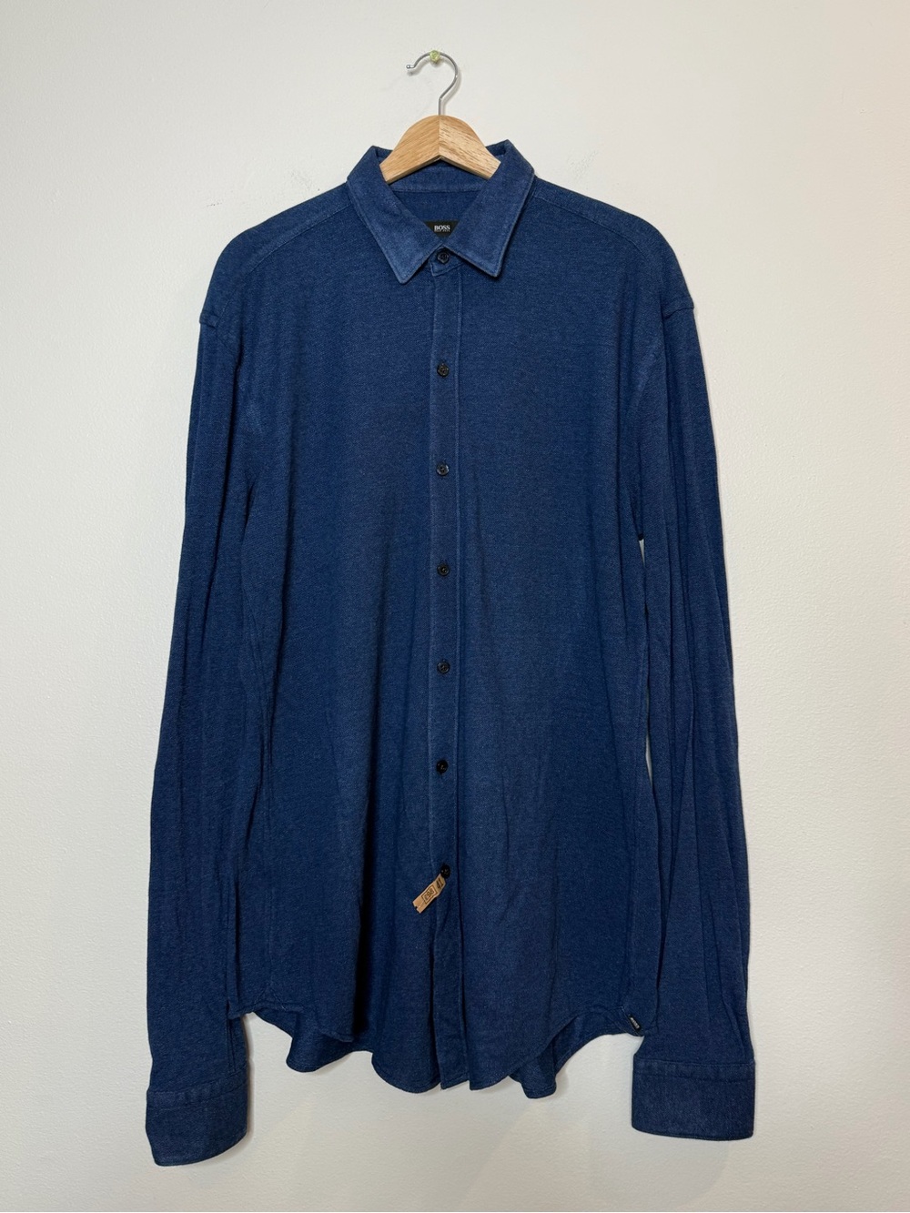 Hugo Boss Sharp Fit Stretch Denim Look Chambray Button Down size Large long